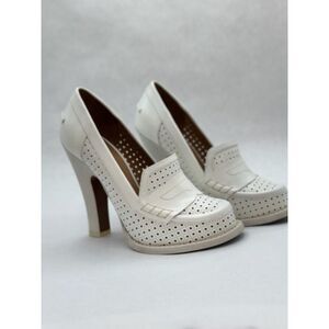 Rochas White Perforated Calf Leather Loafer Pumps 38.5